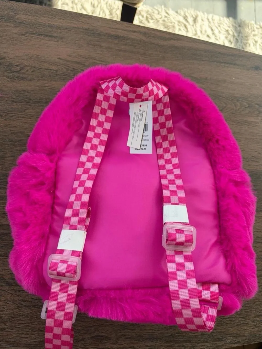 Claire's Plush Hot Pink Kids Backpack with Yellow Smiley Patch